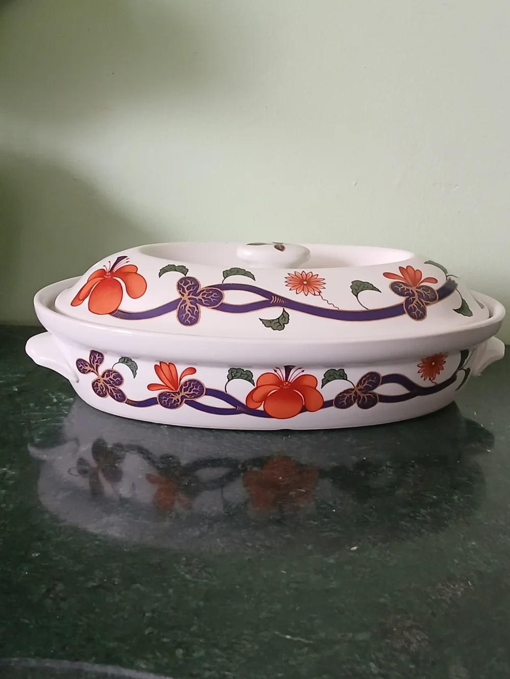Royal Worcester White Covered Casserole with Orange Floral & Purple Vine Motif